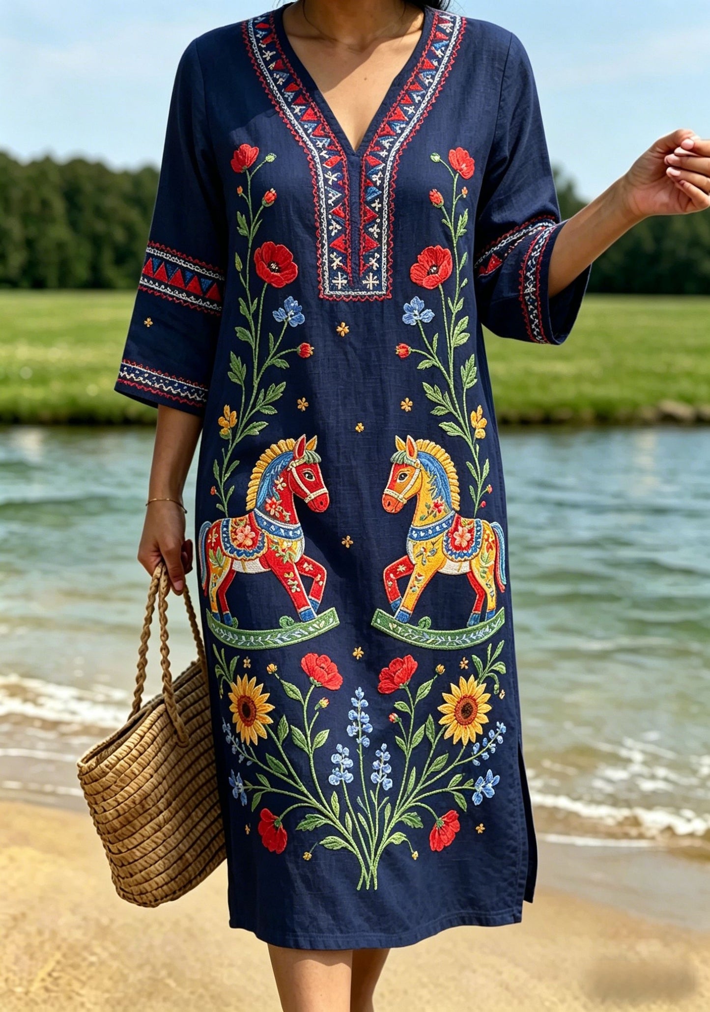 Women's Retro Swedish Midsummer Folk Floral Cotton-Linen Dress