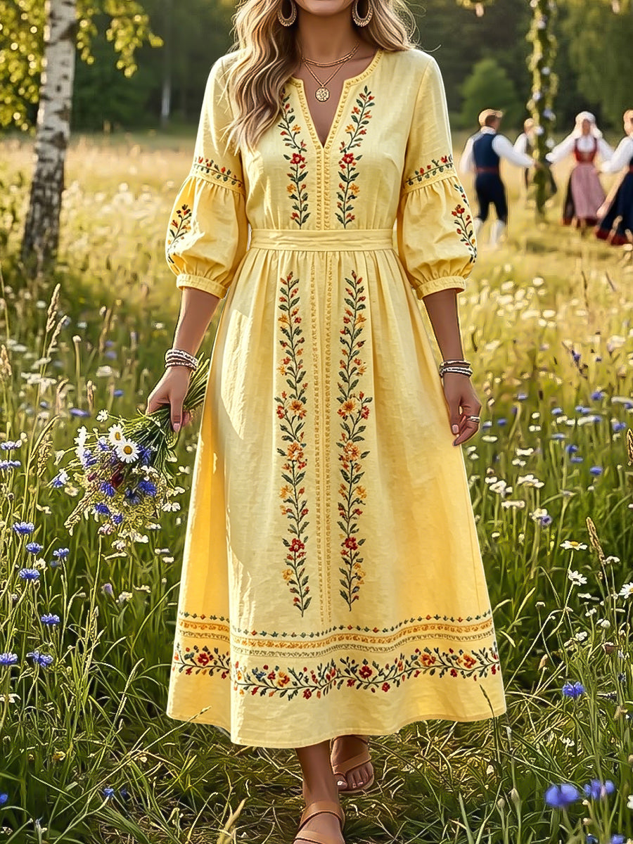 Women's Retro Swedish Midsummer Floral Ethnic-Style Dress