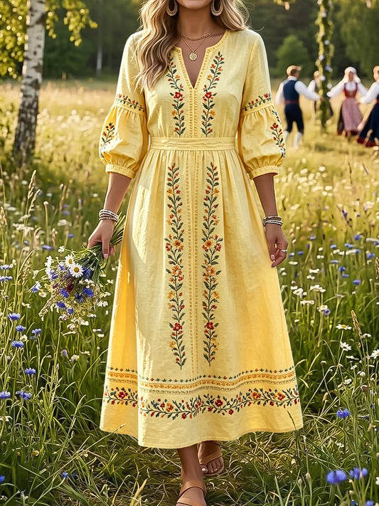 Women's Retro Swedish Midsummer Floral Ethnic-Style Dress