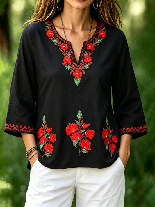 Women's Retro Swedish Midsummer Folk Floral Cotton-Linen Blouse