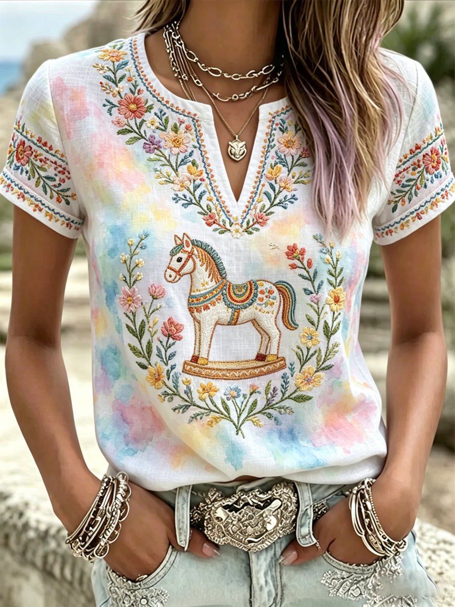 Women's Swedish Midsummer Print V-Neck Casual T-Shirt