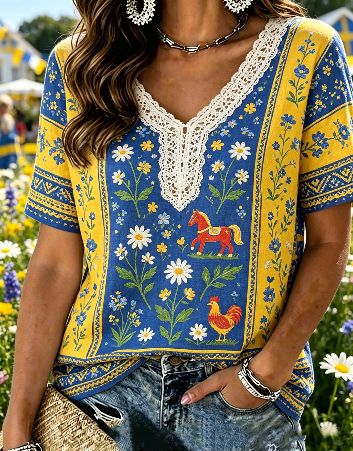 Women's Swedish Midsummer Festival Commemorative Art Print V-Neck T-Shirt