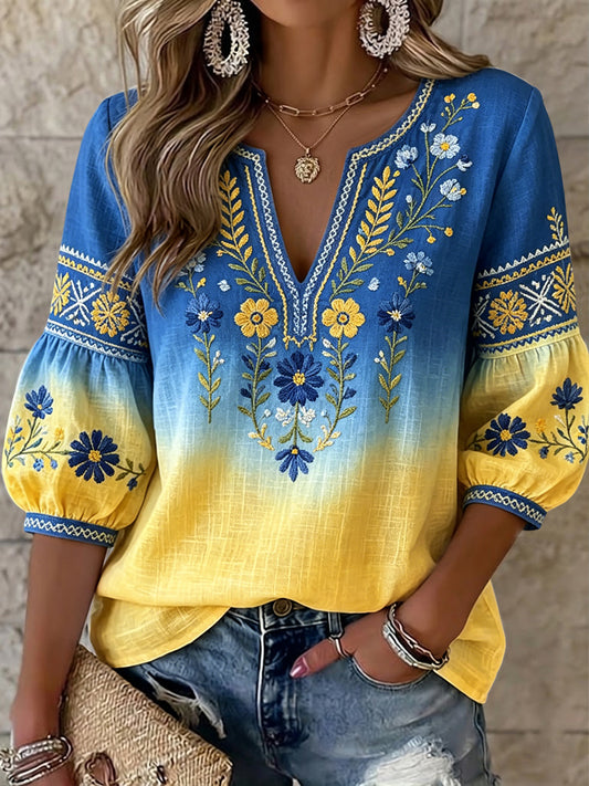 Women's Retro Swedish Midsummer Floral Gradient Art V-Neck Top