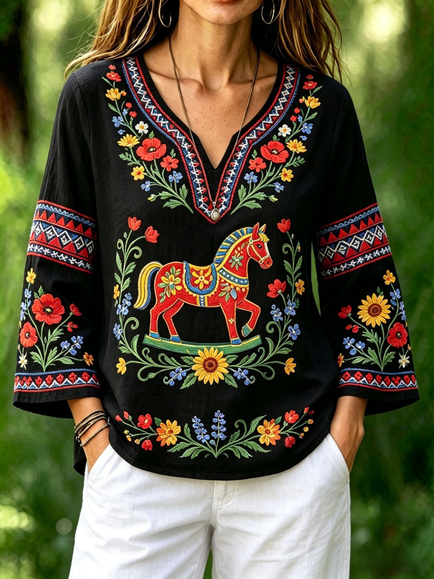 Women's Retro Swedish Midsummer Folk Floral Cotton-Linen Blouse