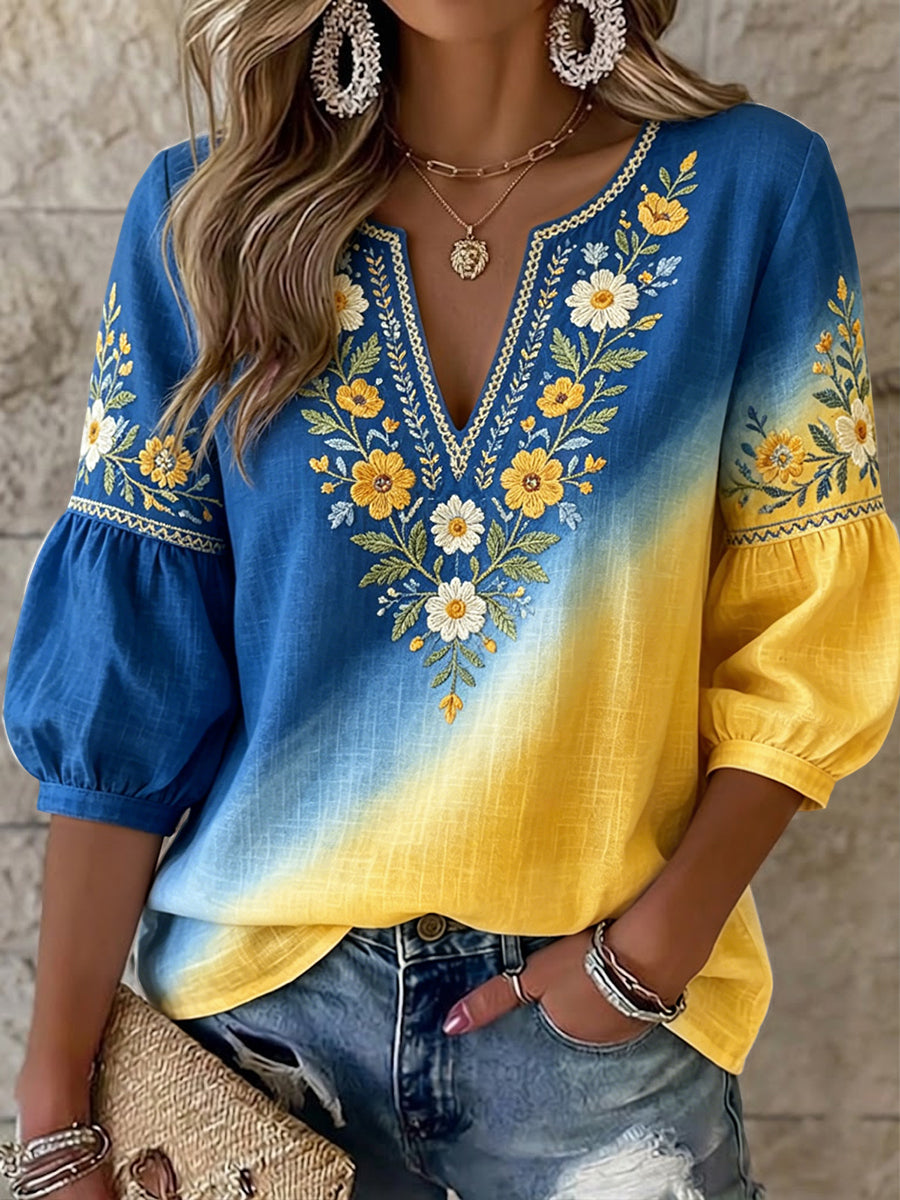 Women's Retro Swedish Midsummer Floral Patchwork V-Neck Top