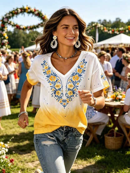 Women's Swedish Midsummer Festival Commemorative Art Print V-Neck T-Shirt