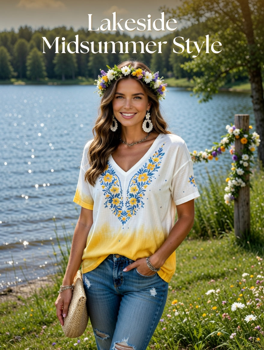 Women's Swedish Midsummer Festival Commemorative Art Print V-Neck T-Shirt