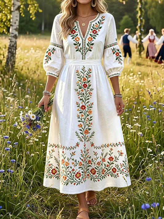 Women's Vintage Swedish Midsummer Floral Art V-Neck Dress