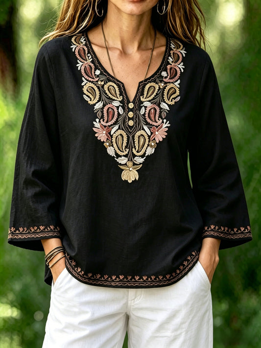 Women's Retro Swedish Midsummer Folk Floral Cotton-Linen Blouse