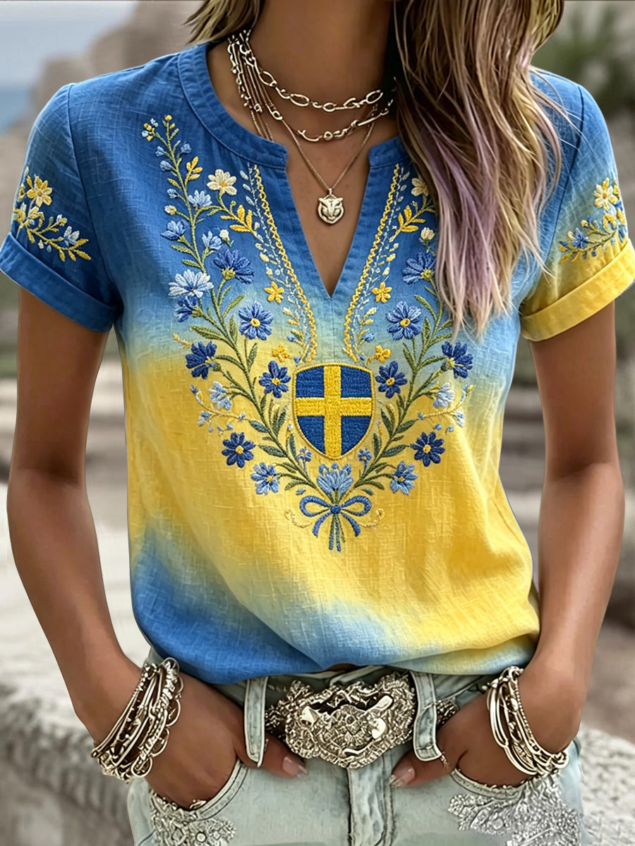 Women's Retro Swedish Midsummer Floral Gradient Art V-Neck T-Shirt