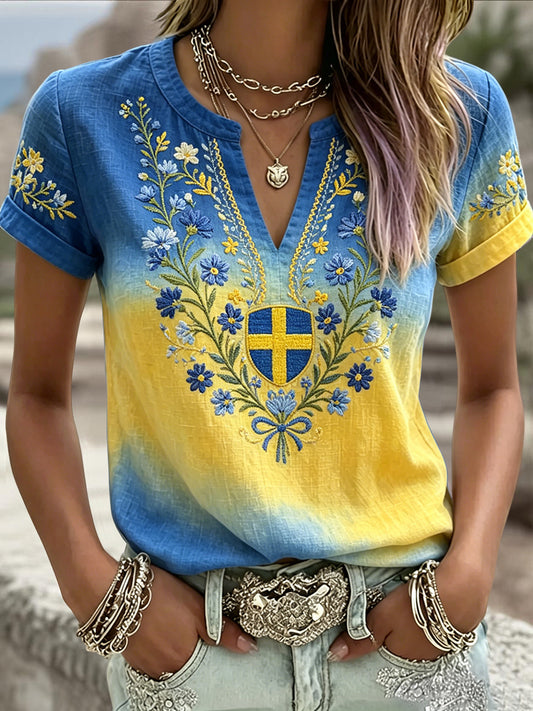 Women's Retro Swedish Midsummer Floral Gradient Art V-Neck T-Shirt