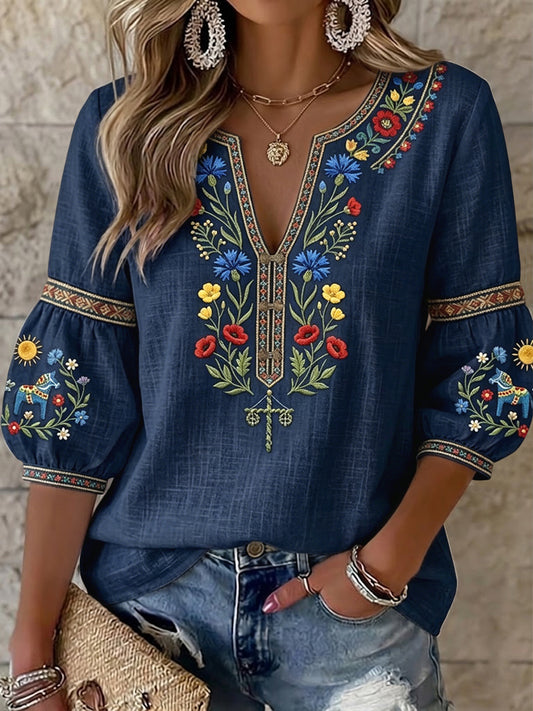Women's Vintage Swedish Midsummer Floral Art V-Neck Blouse