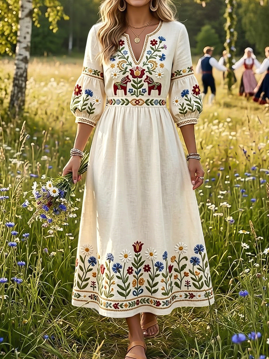 Women's Vintage Swedish Midsummer Floral Carousel-Print Dress