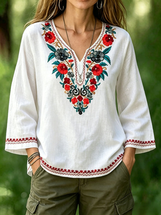 Women's Retro Swedish Midsummer Folk Floral Cotton-Linen Blouse