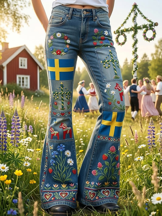 Women's Swedish Midsummer Floral Patchwork Casual Flared Pants