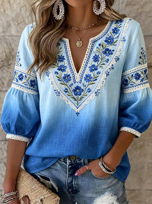 Women's Vintage-Style Swedish Midsummer Floral Gradient V-Neck Top