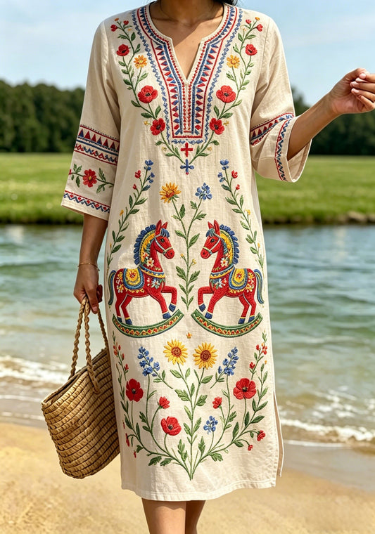 Women's Retro Swedish Midsummer Folk Floral Cotton-Linen Dress