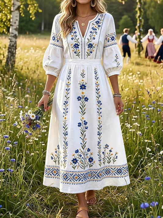 Women's Vintage Swedish Midsummer Floral Print Dress