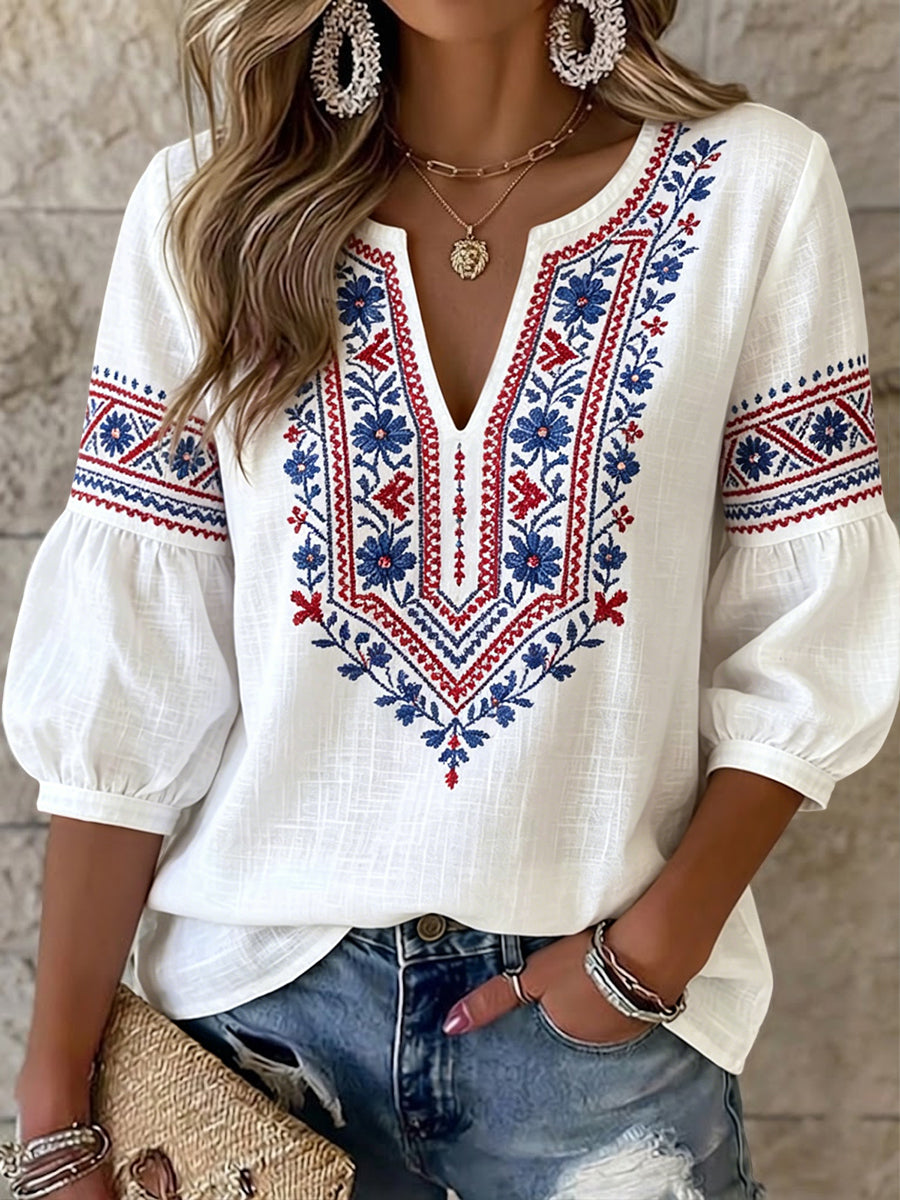 Women's Retro Artistic Swedish Midsummer Floral Ethnic-Style V-Neck Top