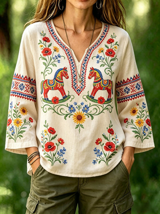 Women's Retro Swedish Midsummer Folk Floral Cotton-Linen Blouse