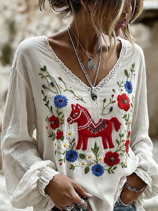 Women's Retro Midsummer Art Print Casual V-Neck Comfortable Cotton-Linen Top