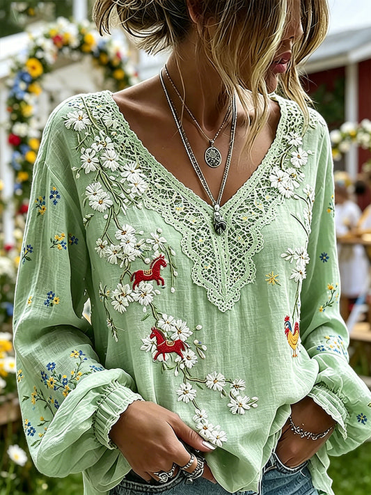 Women's Midsummer-Themed V-Neck Top With Puff Sleeves