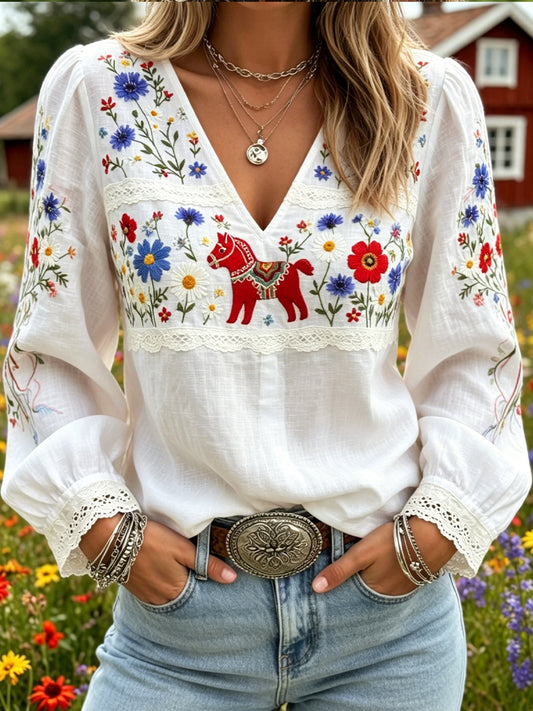 Women's Retro Midsummer Art Print Casual V-Neck Comfortable Cotton-Linen Top