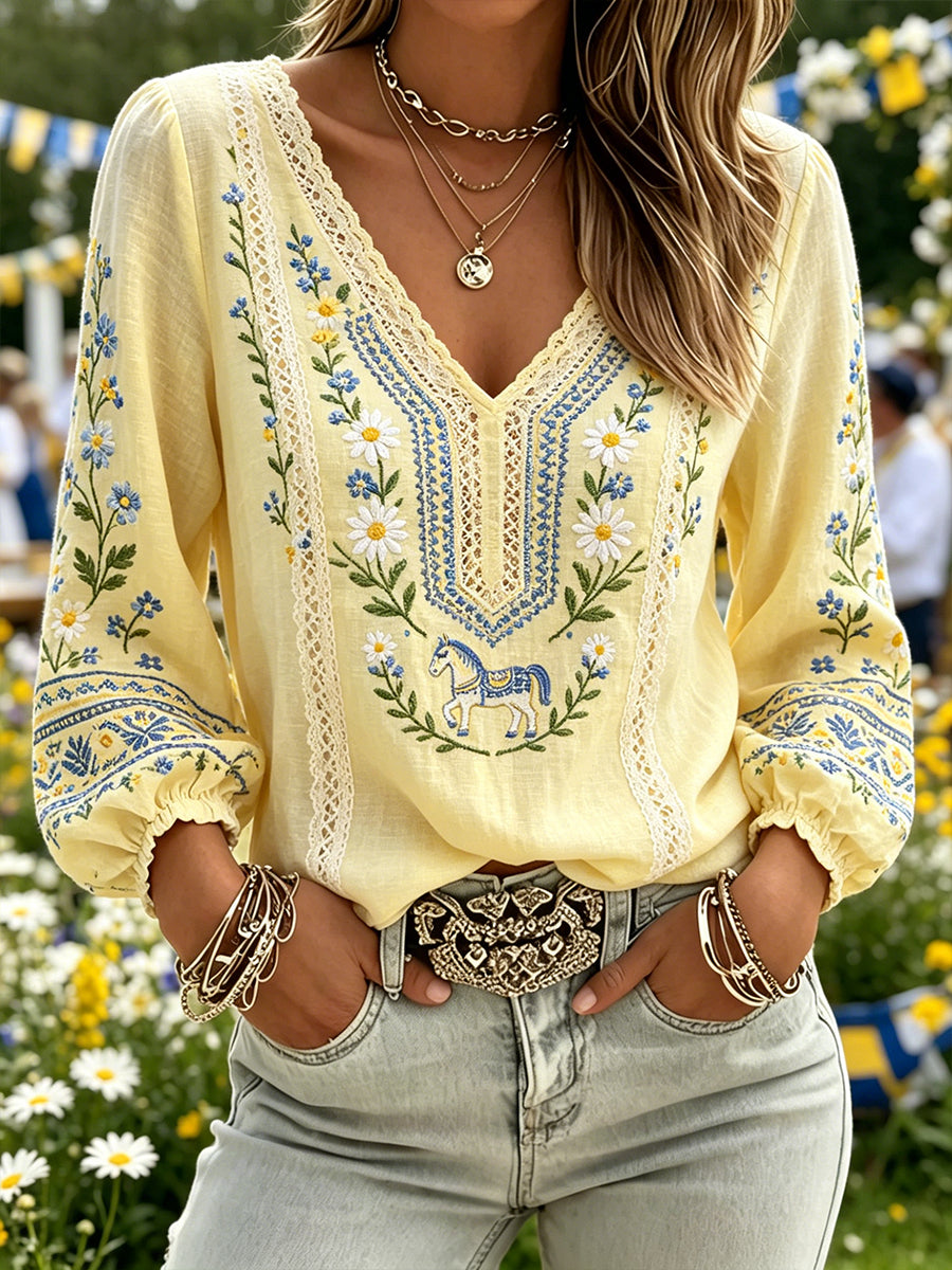 Women's Midsummer-Themed V-Neck Top With Puff Sleeves
