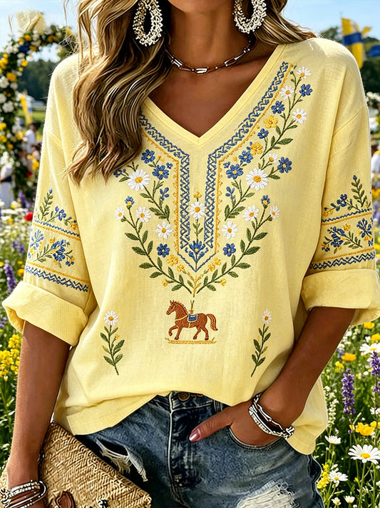 Women's Midsummer Floral Embroidered V-Neck Top