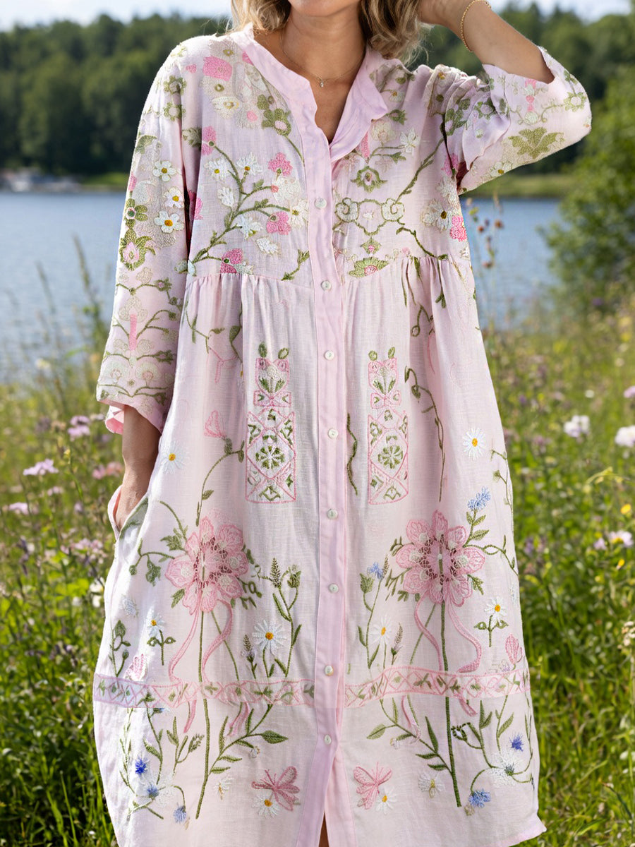 Women's Vintage Midsummer Floral Art Print Casual Cotton-Linen Dress