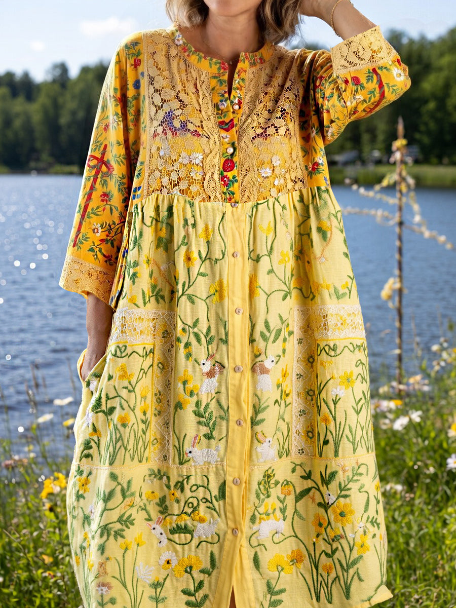 Women's Vintage Midsummer Floral Art Print Casual Cotton-Linen Dress