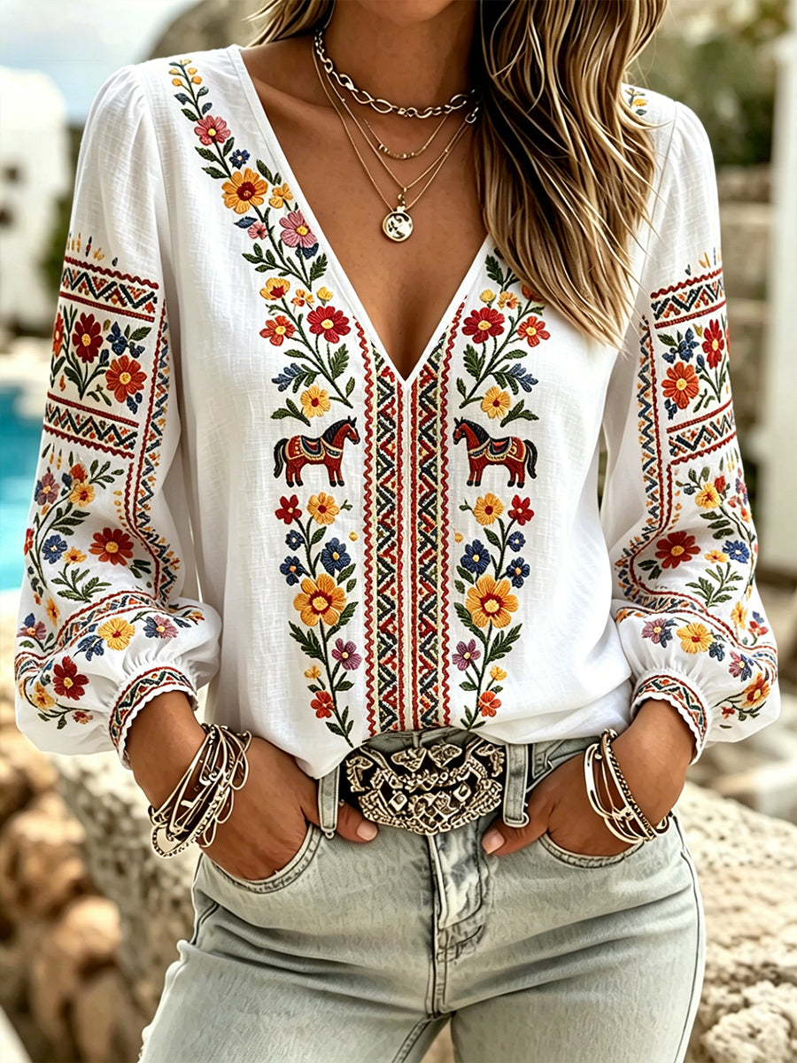 Women's Midsummer-Themed V-Neck Top With Puff Sleeves