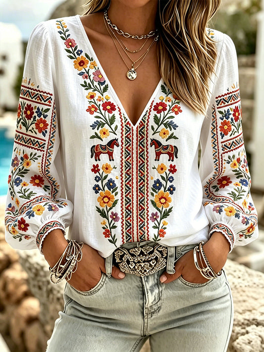 Women's Midsummer-Themed V-Neck Top With Puff Sleeves