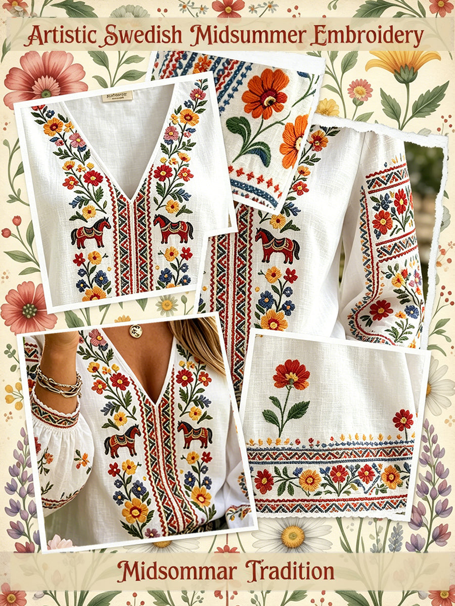 Women's Midsummer-Themed V-Neck Top With Puff Sleeves
