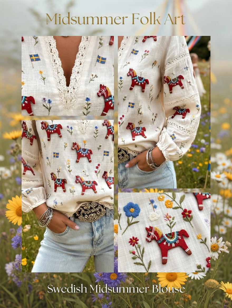 Women's Retro Midsummer Art Print Casual V-Neck Comfortable Cotton-Linen Top