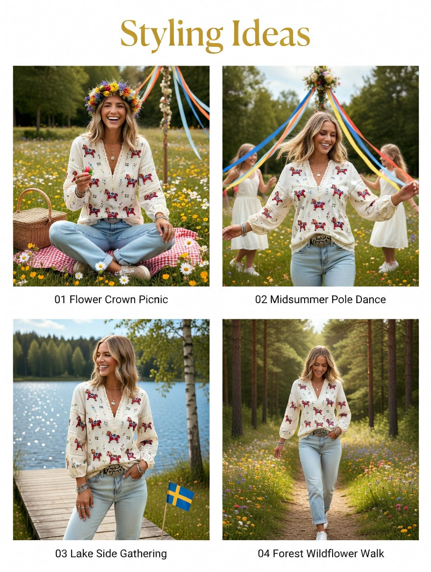 Women's Retro Midsummer Art Print Casual V-Neck Comfortable Cotton-Linen Top