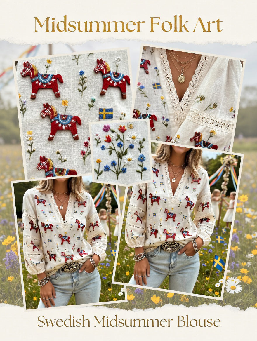 Women's Retro Midsummer Art Print Casual V-Neck Comfortable Cotton-Linen Top