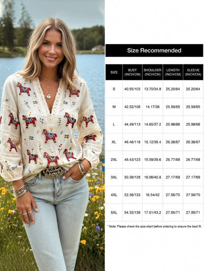 Women's Retro Midsummer Art Print Casual V-Neck Comfortable Cotton-Linen Top