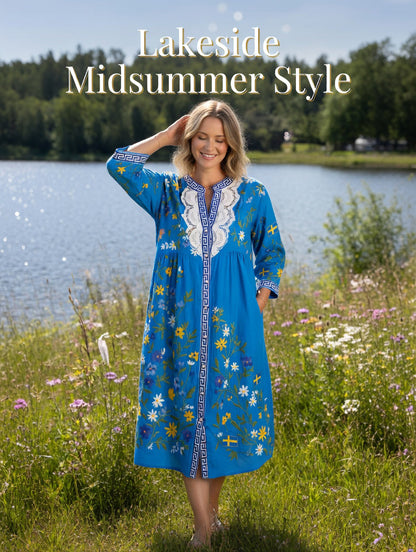 Women's Vintage Midsummer Floral Art Print Casual Cotton-Linen Dress