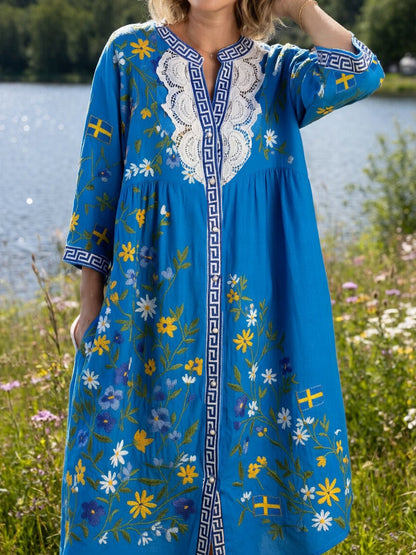 Women's Vintage Midsummer Floral Art Print Casual Cotton-Linen Dress