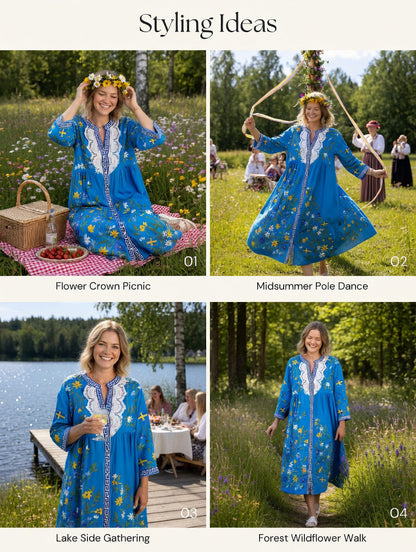 Women's Vintage Midsummer Floral Art Print Casual Cotton-Linen Dress