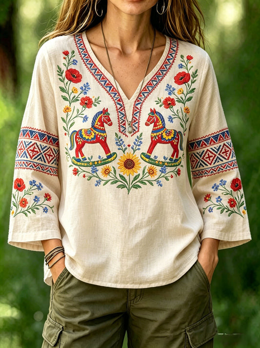 Women's Retro Swedish Midsummer Folk Floral Cotton-Linen Blouse