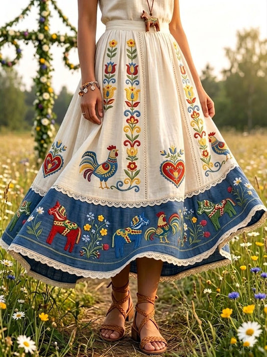 Women's Retro Romantic Floral Patchwork Midi Skirt