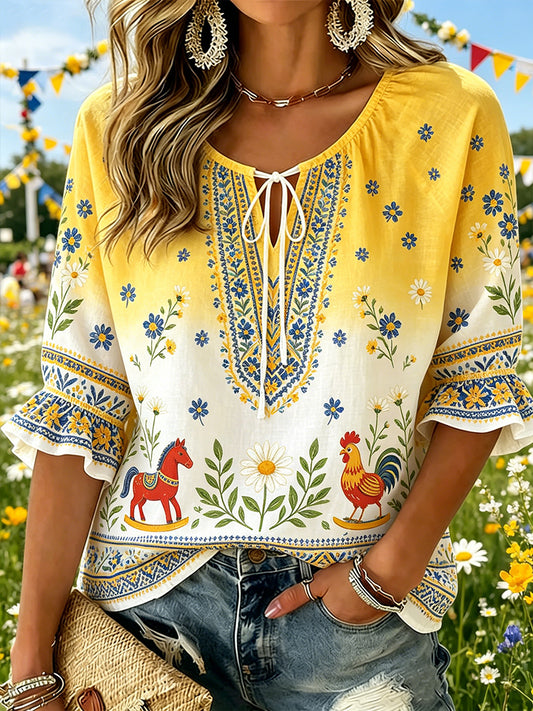 Women's Midsummer Floral Print Pastoral V-Neck Top