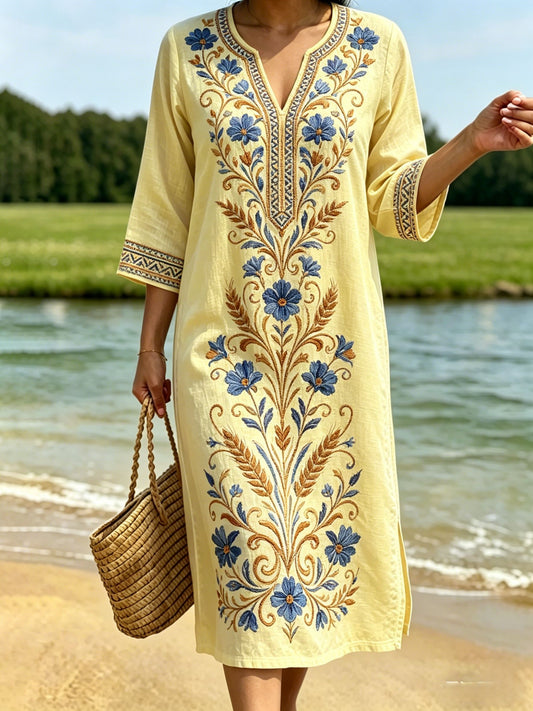 Women's Retro Swedish Midsummer Folk Floral Cotton-Linen Dress