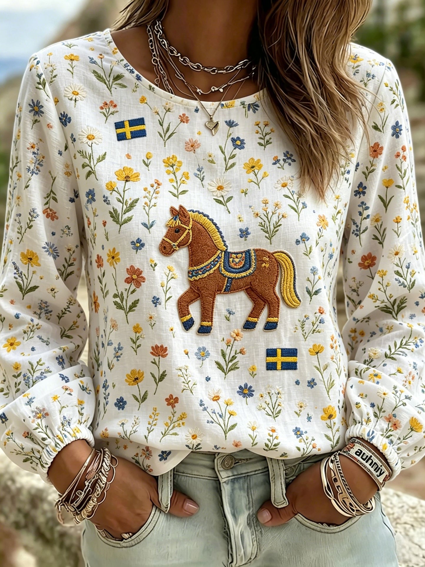 Women's Retro Swedish Midsummer Folk Floral Cotton-Linen Blouse