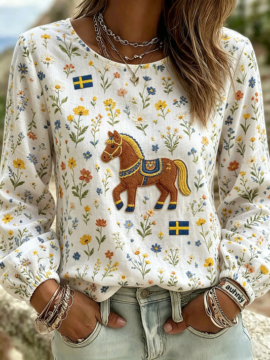 Women's Retro Swedish Midsummer Folk Floral Cotton-Linen Blouse