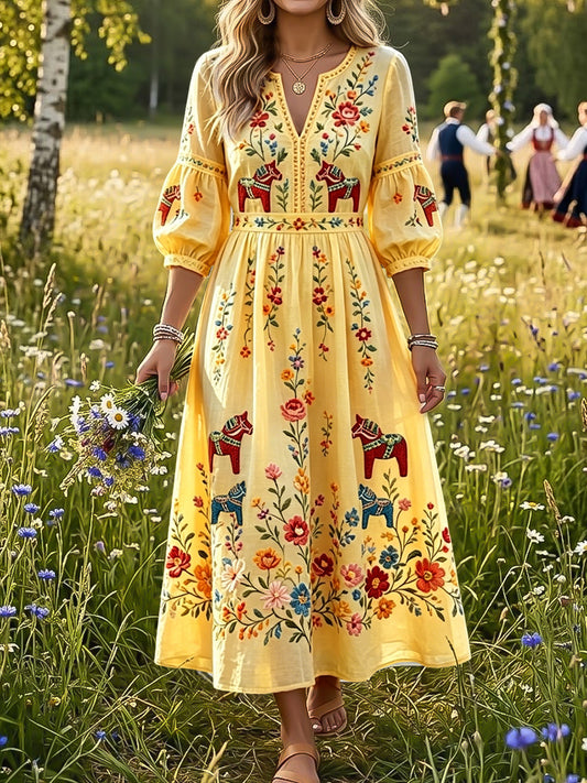 Women's Vintage Floral Dala Horse Art V-Neck Dress