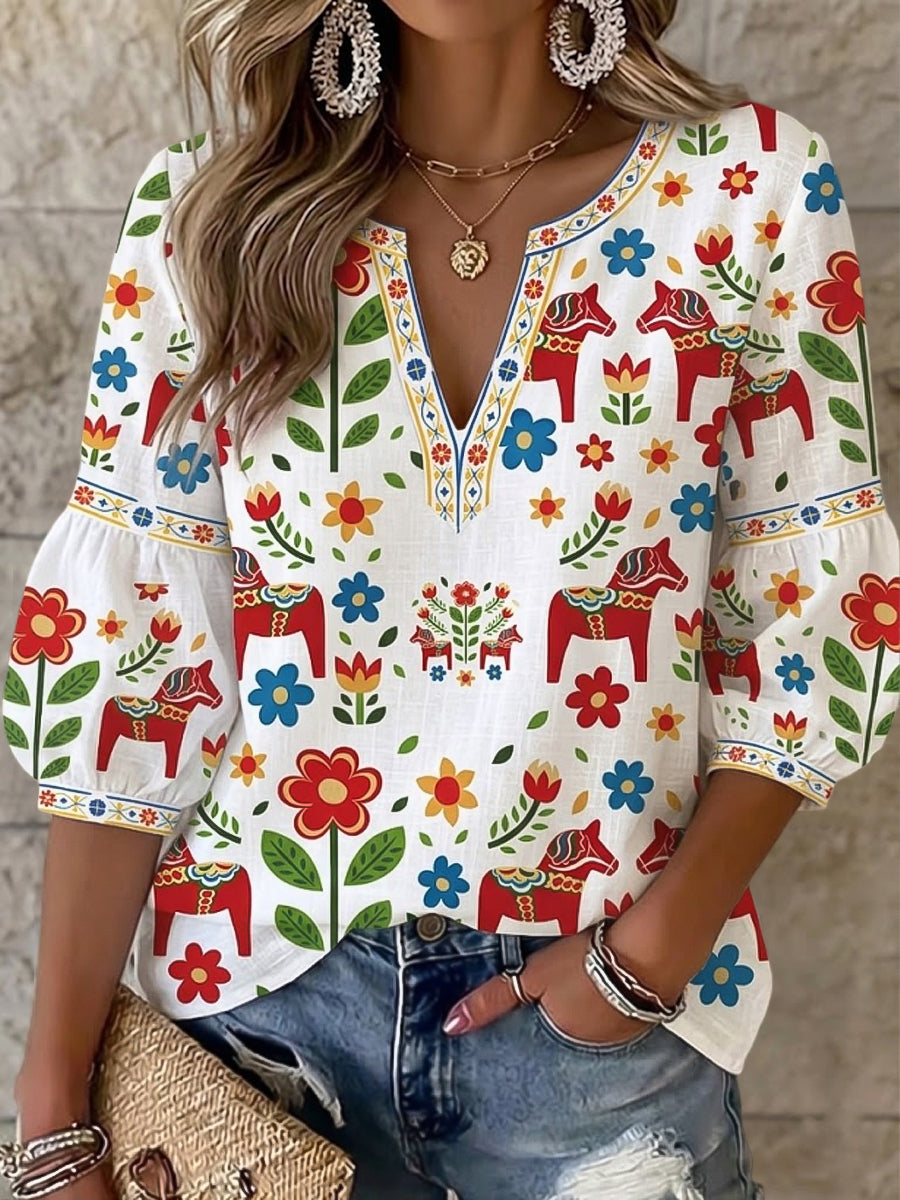 Women's Vintage Swedish Dala Horse Floral Art V-Neck Top