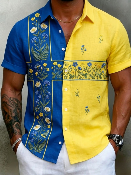 Men's Retro Swedish Midsummer Folk Floral Cotton-Linen Short-Sleeve Shirts